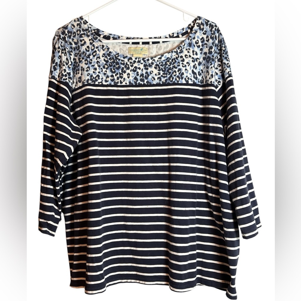 Caribbean Joe 2X Navy Stripe & Leopard Colorblock Top 3/4 Sleeve